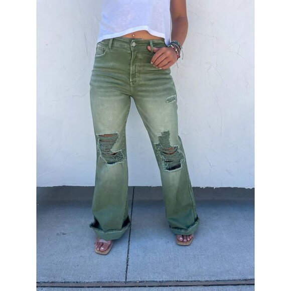 Women's‎ Blakeley Distressed Olive Green Jeans Size 5 Wide Leg Strechy Relaxed - Picture 1 of 7